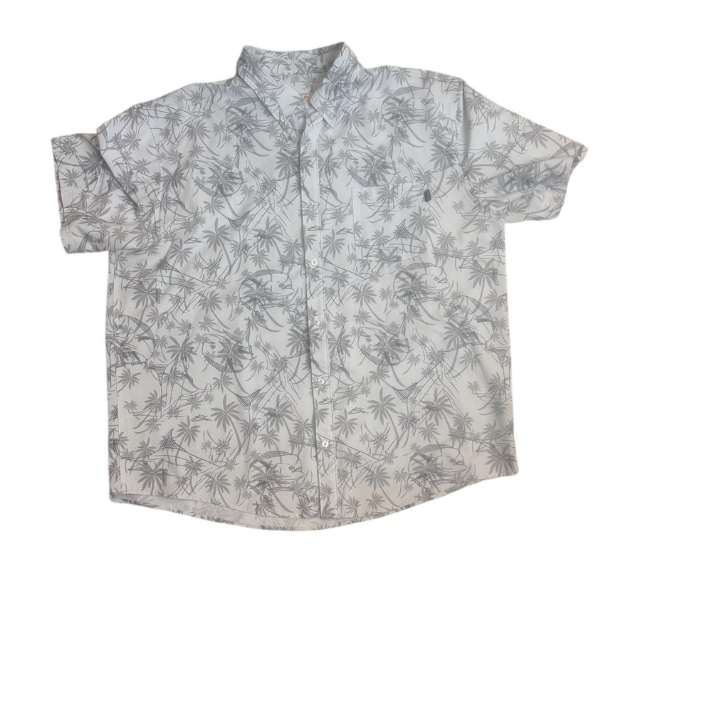 Huk Fishing Button Down Shirt 2XL Gray Palm Fish Print Short Sleeve